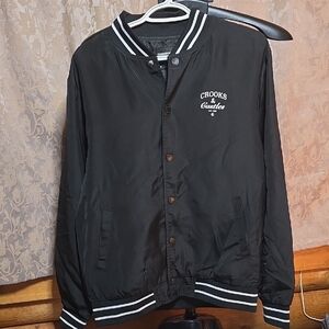 Crooks & Castles Black Varsity-Style Bomber Jacket with White Trim